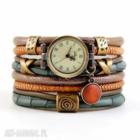 zegarki zegarek-bransoletka zielono-brązowy z drewnianą zawieszką, zegarek