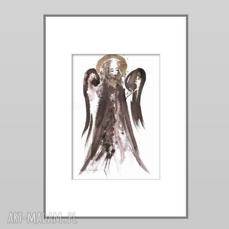 anioł nr6 ręcznie malowana i złocona grafika, format A4, złote, prezent