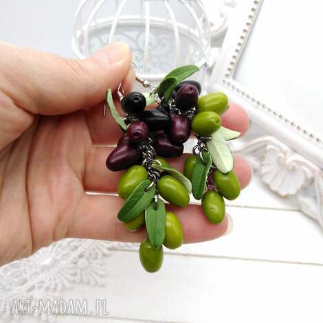 długie kolczyki grona oliwki czarne zielone brązowe liście, biżuteria z modeliny