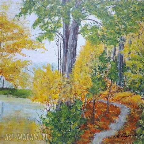Obraz ręcznie malowany akrylowy „W kolorach jesieni” 30x40 cm – las w ciepłych barwach