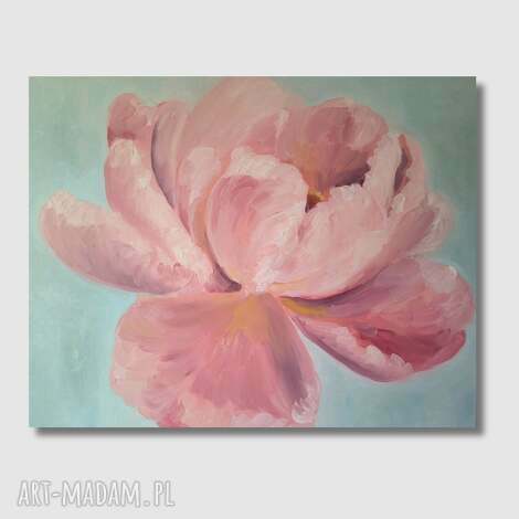 Piwonia - romantyczny obraz olejny w odcieniach różu i turkusu 100x80 cm