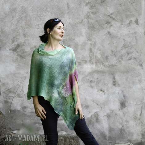 kozaczka ponczo - tunika zielono róż, unikat, eco len, szal, narzutka