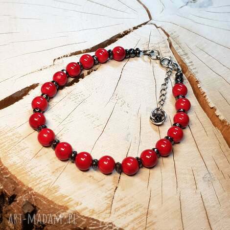 Bransoletka czerwony jadeit BS21 - naturalne kulki 6 mm i hematyt