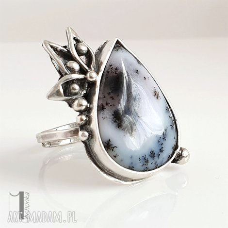anemone srebrny pierścień z agatem dendrytowym, pierścionek, regulowany