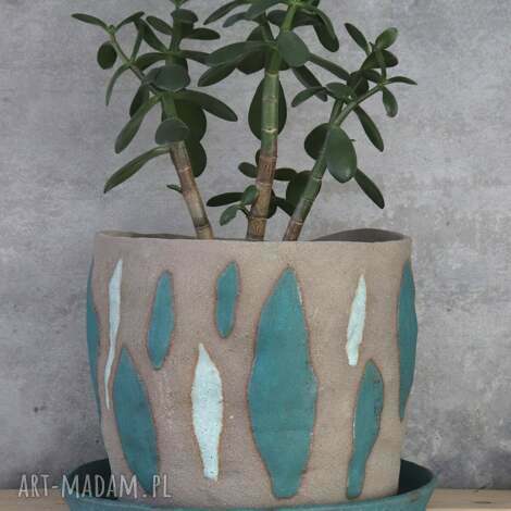 Duża donica ceramiczna handmade - szara glina z szamotem i niebieskim szkliwem