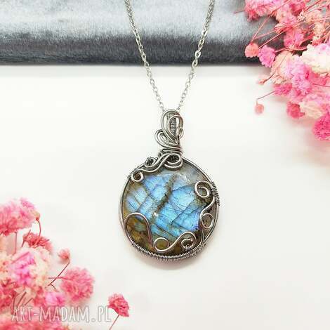 naszyjnik labradoryt niebieski stal chirurgiczna wisiorek handmade wirewrapping