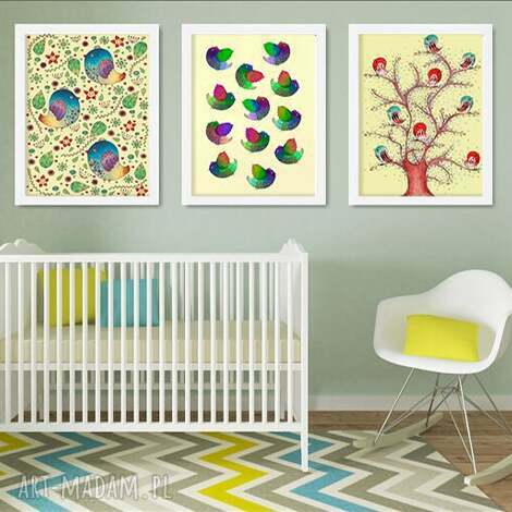 zestaw 3 ilustracji a3, plakat, obraz, ilustracja, ptaszki, rysunek