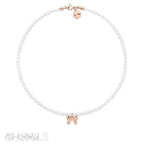 Naszyjnik Swarovski Crystal z białych pereł i kokardką z różowego złocenia