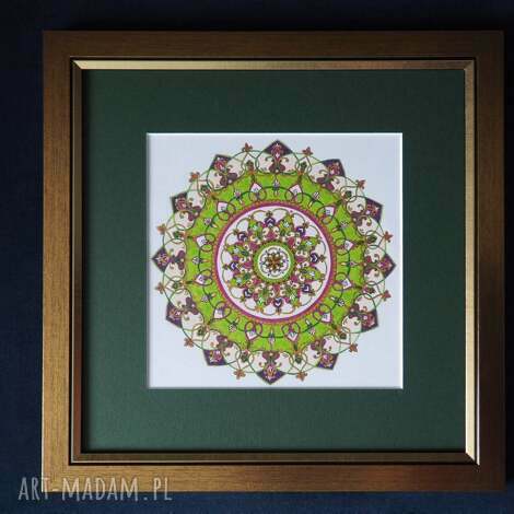 Mandala zielona 30x30 - ręcznie malowany obraz wschodni ze złotą ramą