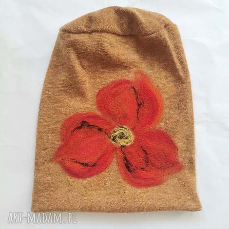 czapka ruda bezowa wełniana, wełna, merino etno boho, kwiatowa