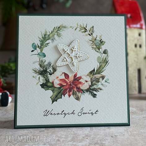 Personalizowana kartka na Boże Narodzenie 14x14 cm BN 22C - ręcznie robiony wianek i koperta