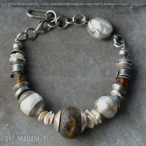 srebrna bransoletka z surowym bursztynem i perłami barokowymi (bransoletka srebro)