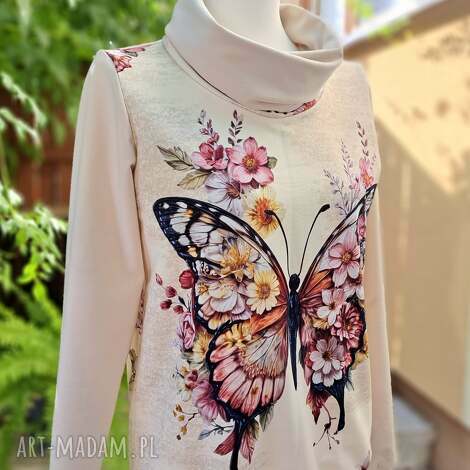 Bluza z motylem damska handmade Cuda Renki - elegancka beżowa z wywijanym kominem