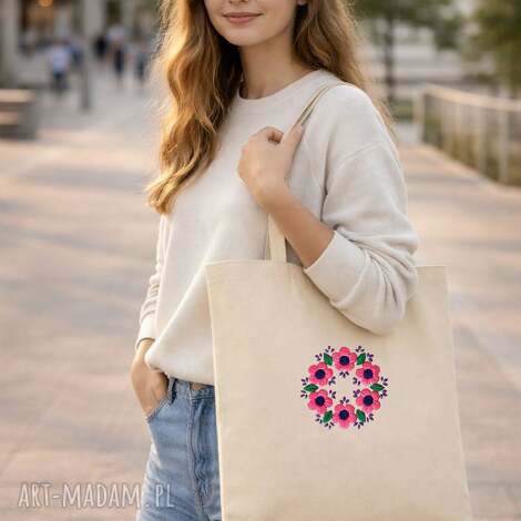 mandala kwiatów - beżowo kremowa eko torba bawełniana