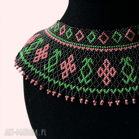 Naszyjnik koralikowy kołnierzyk folk - różowo-zielony ornament