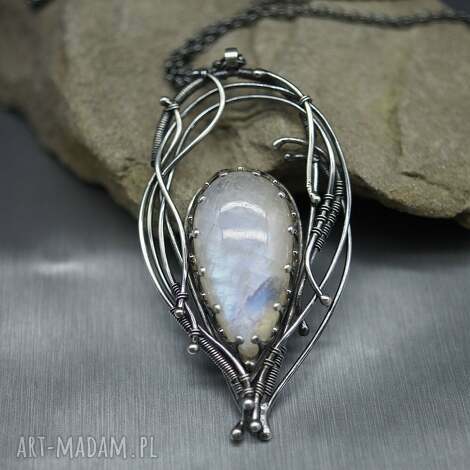 Kamień księżycowy wisior "Attalyar" - srebrny wire wrapping dla niej