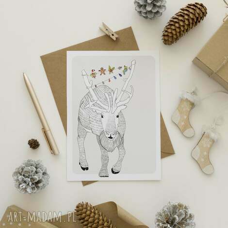 kartka bożonarodzeniowa renifer z girlandą, życzenia, boże narodzenie