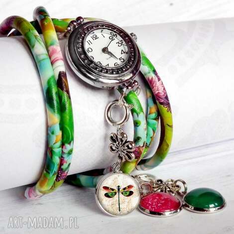 zegarki zegarek cudowna wiosna, modny zielony, kolorowy zawieszkami