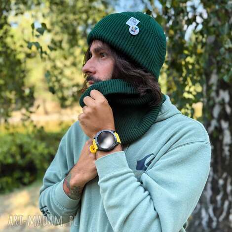 Zielona czapka beanie z bawełny 2w1 z logo Brain Inside – handmade