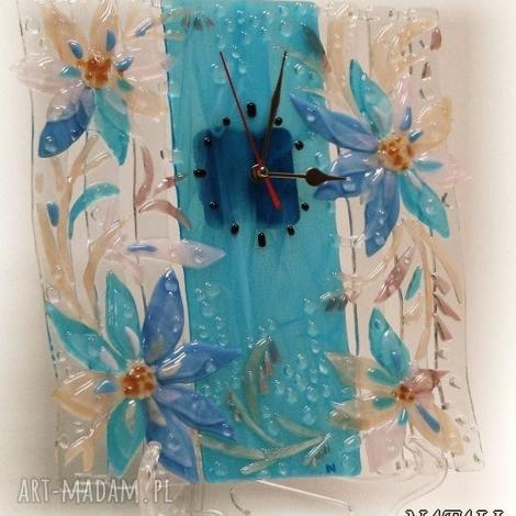 artystyczna kompozycja ze szkła - zegar niebieskie kwiaty dom, fusing