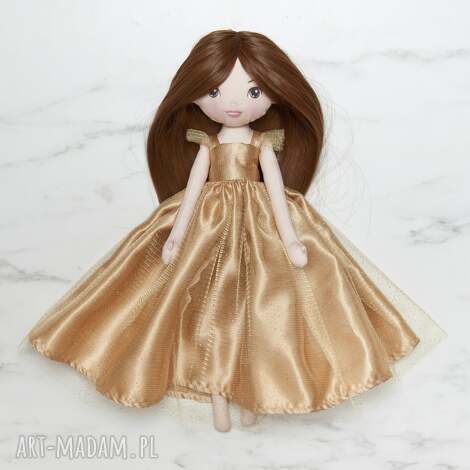 lalka księżniczka w złotej sukni balowej, laleczka szmaciana, bawełniana