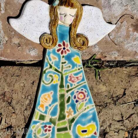 Anioł ceramiczny z ptaszkami - rękodzieło