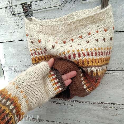 wełniany komplet komin i mitenki - kolory jesieni, wełniane mitenki, ciepłe