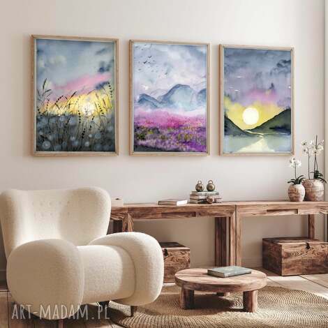 zestaw 3 prac A2, akwarela obraz łąka plakaty, kwiaty, widok