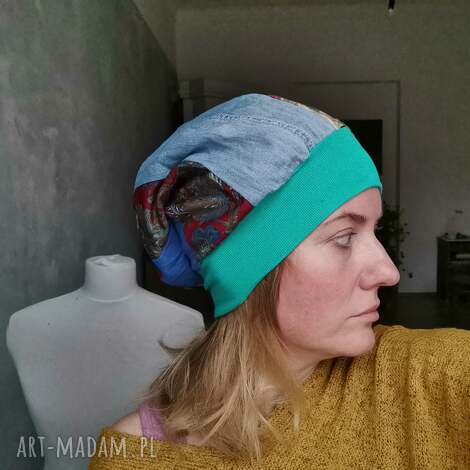 Czapka damska na podszewce - turban boho etno Smerfetka (box 33)