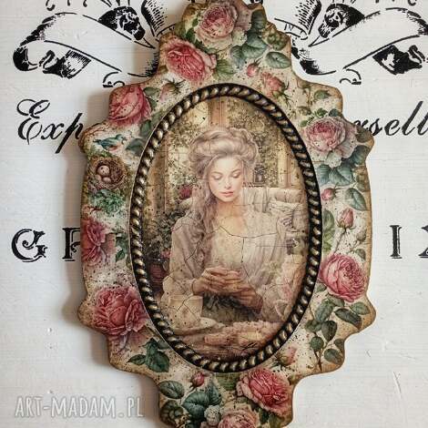 dekoracyjny medalion z damą i różami, decoupage, shabby chic, róże vintage