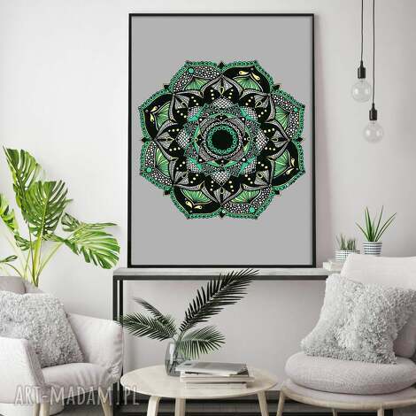 Mandala 50x70cm - plakat sztuka do domu (szare, zielone i żółte) | autorska grafika Małgorzaty Domańskiej