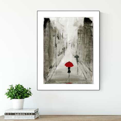 Ręcznie malowana grafika 30x40 cm - abstrakcja Rain z parasolem (elegancki minimalizm)