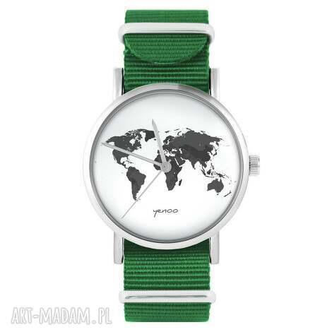 zegarki zegarek - mapa świata, biała zielony, nylonowy, zegarek, nylonowy