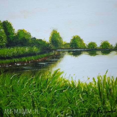 Ręcznie malowany obraz akrylowy "Nad zielonymi mokradłami" 24x30 cm - pejzaż z odbiciem w wodzie