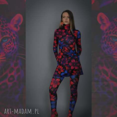 Sukienka mini z golfem Flower Power - fuksja, pomarańcz i kobalt