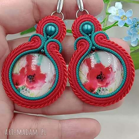 Kolczyki maki soutache sutasz - ręcznie haftowane, hipoalergiczne