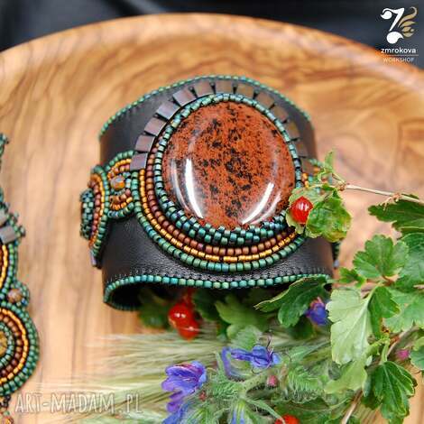 bransoleta mankiet - jaspis i tygrysie oko, bransoleta słowiańska, haft koralikowy