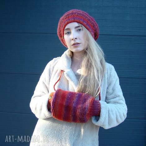 barska komplet w czerwieniach - beret i mufka czapka, prezent, kobiecy