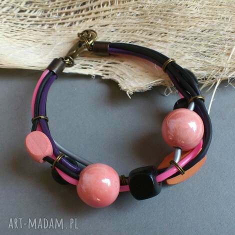 Rosa - bransoletka handmade z ceramiki i drewna (stare złoto), regulowana
