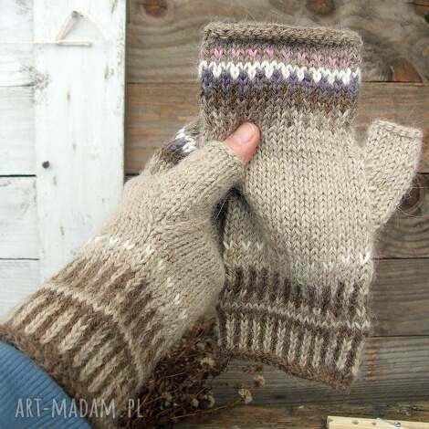 mitenki z alpaki - kolor cappuccino z odrobiną różu i wrzosu - rękawiczki