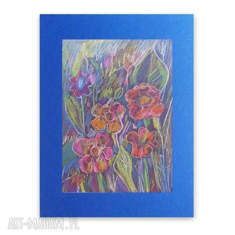 Łąka - ręcznie wykonany rysunek kwiatów na granatowym tle 30x40 cm
