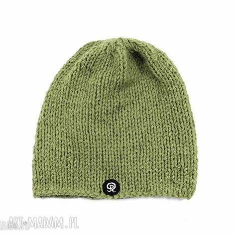 art-Madam.pl: Czapka ręcznie dziergana unisex khaki - dziergana na drutach (do 59 cm)