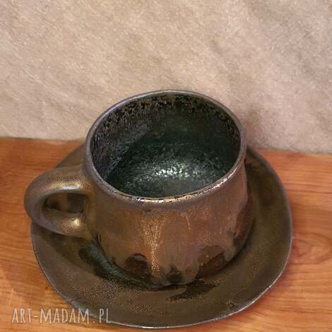 kamionkowy kubeczek ze spodkiem, ceramika herbata, spodek, kawa, gliniany kubek