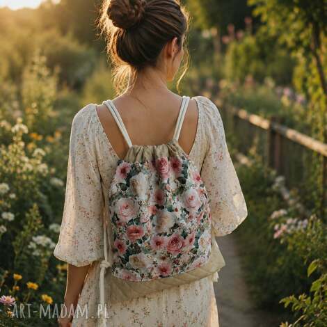 Romantyczny plecak worek boho w kwiaty dla kobiet - handmade Krasanka
