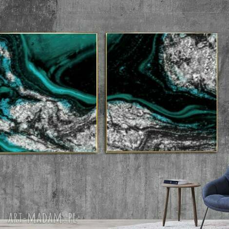 srebrny szmaragd dyptyk - obraz na płótnie, modny salon modne obrazy, nowoczesne
