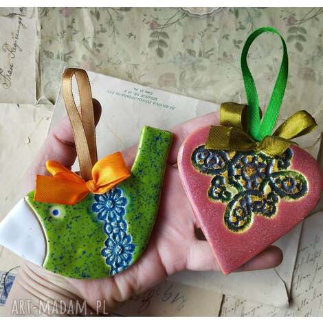 Zestaw wiosenny: ptaszek i serce - ceramiczne zawieszki handmade