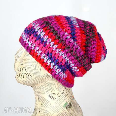 Kolorowa czapka beanie z włóczki - ręcznie robiona 023 (ciepła i miękka)