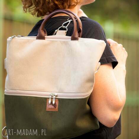 plecak torba 2 w 1 z nubuku tapicerskiego w kolorze beżowym i khaki, z paskami