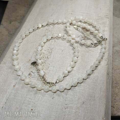 korale z masy perłowej kors7, wire wrapping rękodzieło srebro