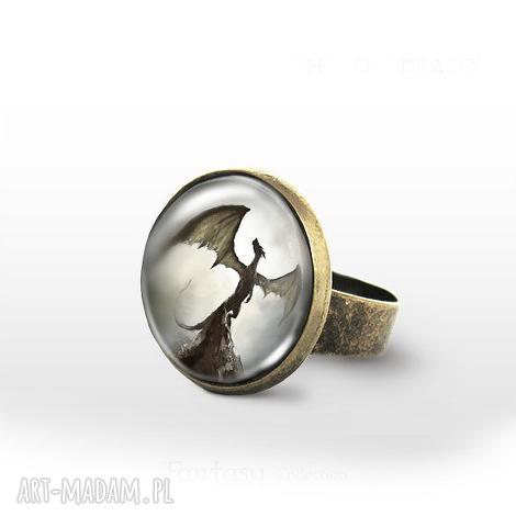 Pierścionek Shadow Dragon - smok cienia, antyczny brąz, regulowany rozmiar (fantasy)